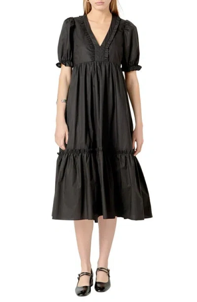 English Factory Puff Sleeve Empire Waist Tiered Cotton Midi Dress In Black