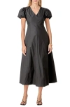English Factory Puff Sleeve Fit & Flare Cotton Midi Dress In Black