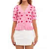 English Factory Puff Sleeve Heart Cardigan In Pink/red