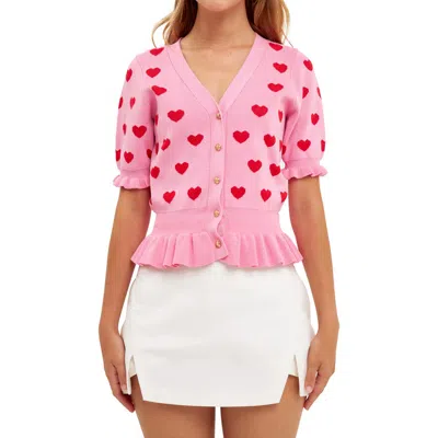 English Factory Puff Sleeve Heart Cardigan In Pink/red