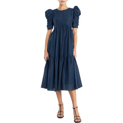 English Factory Puff Sleeve Midi Dress In Navy
