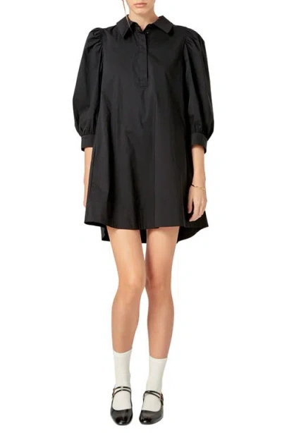 English Factory Puff Sleeve Mini Shirtdress In Black