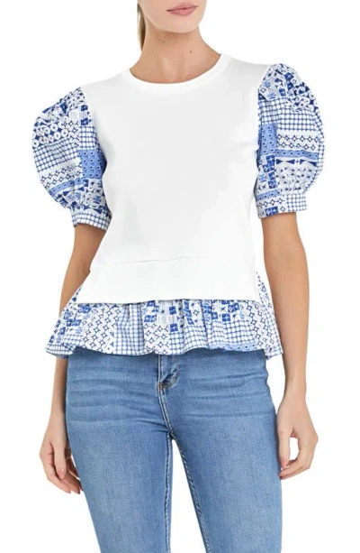 English Factory Puff Sleeve Mixed Media Peplum Top In White/ Blue