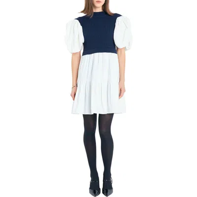 English Factory Puff Sleeve Mixed Media Sweater Dress In Navy