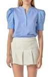 English Factory Puff Sleeve Mixed Media Top In Blue