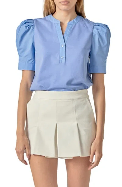 English Factory Puff Sleeve Mixed Media Top In Blue