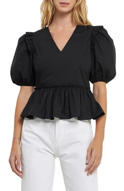 English Factory Puff Sleeve Peplum Cotton Top In Black