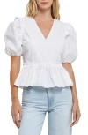 English Factory Puff Sleeve Peplum Cotton Top In White