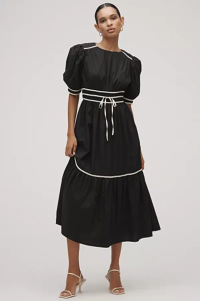 English Factory Puff-sleeve Piped Midi Dress In Black