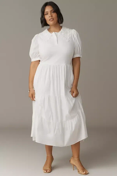 English Factory Puff-sleeve Piped Midi Dress In White