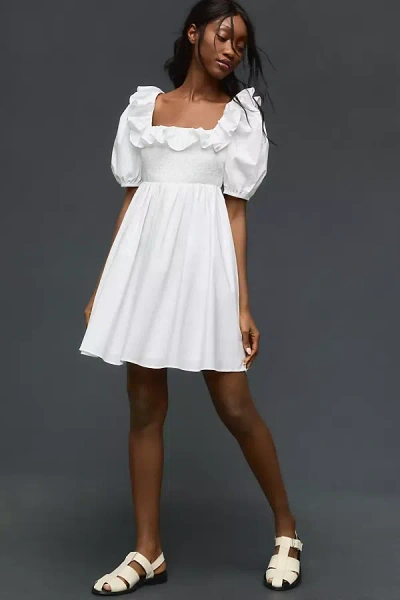 English Factory Puff-sleeve Ruffled Smocked Mini Dress In White