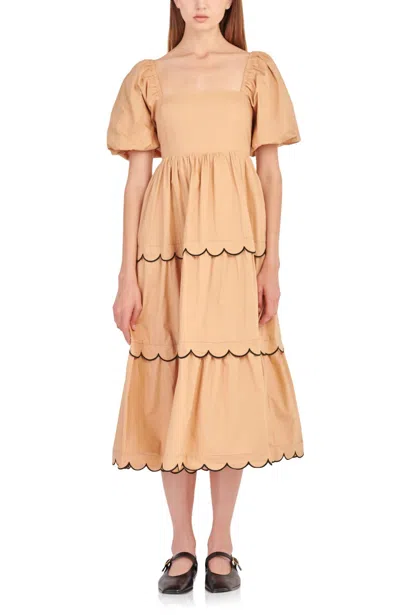 English Factory Puff Sleeve Scallop Trim Cotton Midi Dress In Tan Black In Neutral