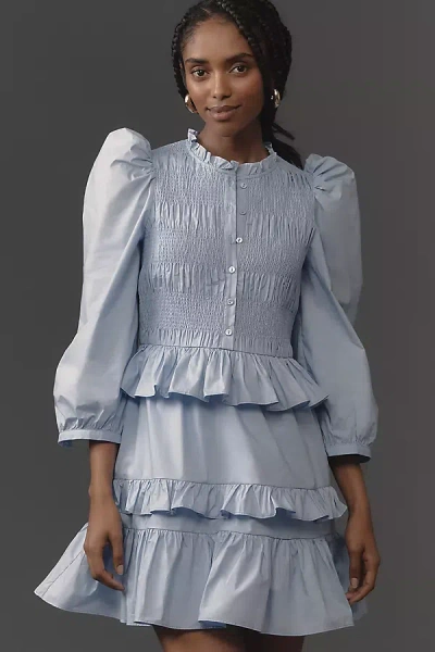 English Factory Puff-sleeve Smocked Ruffled Mini Dress In Blue
