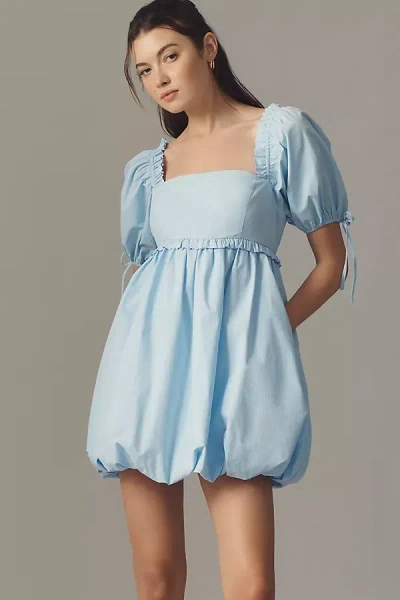 English Factory Puff-sleeve Square-neck Bubble Mini Dress In Blue