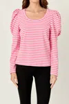 English Factory Puff Sleeve Striped Knit Top In Pink In Pink,white