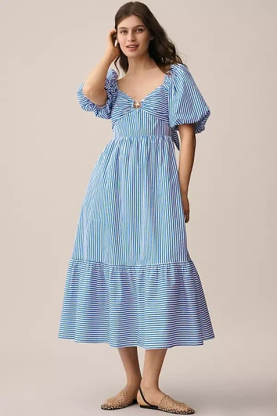 English Factory Puff-sleeve Sweetheart A-line Midi Dress In Blue
