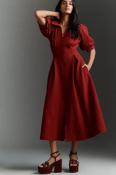 English Factory Puff-sleeve Textured Midi Shirt Dress In Red