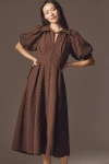English Factory Puff-sleeve Textured Midi Shirt Dress In Brown