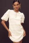 English Factory Puff-sleeve Textured Mini Dress In Beige
