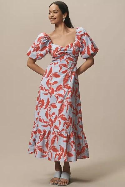 English Factory Puff-sleeve Tie-back Cotton Midi Dress In Blue