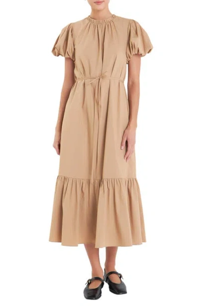 English Factory Puff Sleeve Tie Belt Midi Dress In Camel