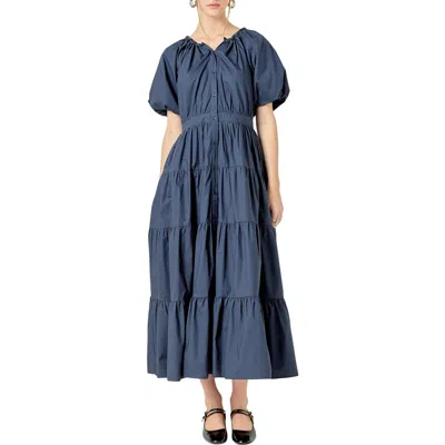 English Factory Puff Sleeve Tiered Maxi Dress In Navy