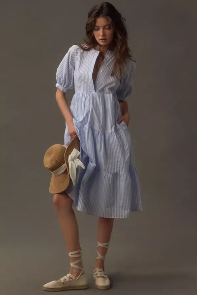 English Factory Puff-sleeve Tiered Midi Dress In Blue