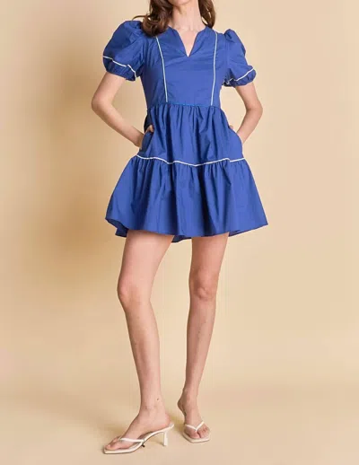 English Factory Puff Sleeve Tiered Mini Dress In Navy Multi