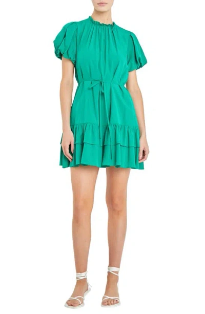 English Factory Puff Sleeve Tiered Minidress In Kelly Green