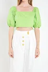 English Factory Puff Sleeve Top With Back Bow In Green
