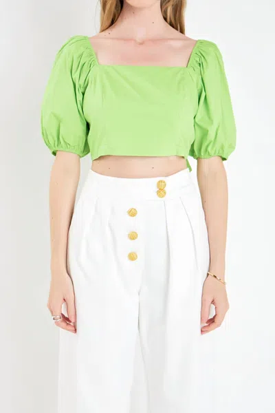 English Factory Puff Sleeve Top With Back Bow In Green