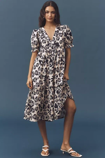 English Factory Puff-sleeve V-neck Midi Dress In Multi