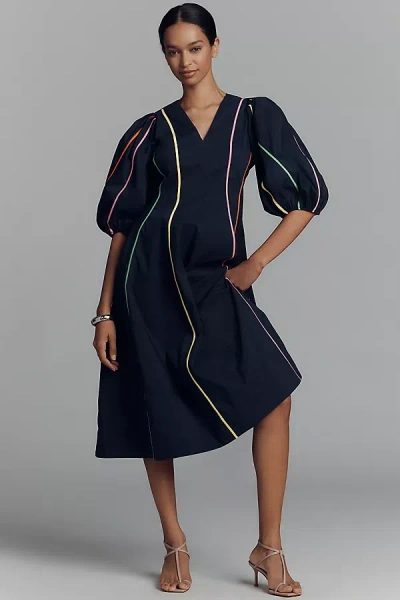 English Factory Puff-sleeve V-neck Piped Midi Dress In Blue