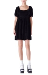 English Factory Puff Sleeve Velvet Babydoll Dress In Black