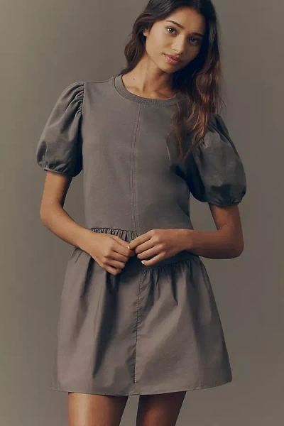 English Factory Puff-sleeve Mini Swing Dress In Gray