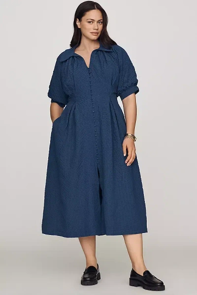English Factory Puff-sleeve Textured Midi Shirtdress In Blue