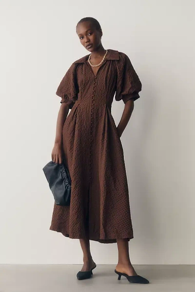 English Factory Puff-sleeve Textured Midi Shirtdress In Brown