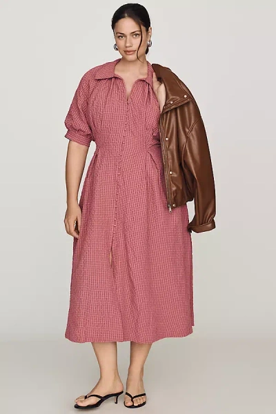 English Factory Puff-sleeve Textured Midi Shirtdress In Pink
