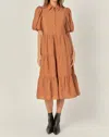 English Factory Quarter Sleeve Tiered Midi Dress In Brown In Brown