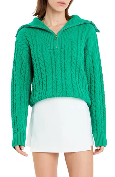 English Factory Quarter Zip Cable Knit Cotton Sweater In Green