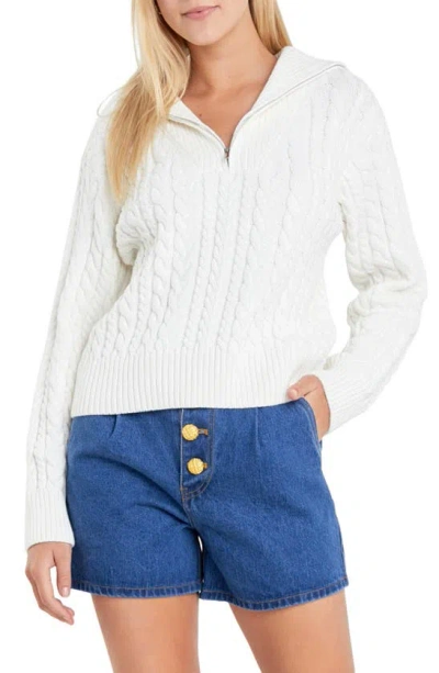 English Factory Quarter Zip Cable Knit Cotton Jumper In Ivory