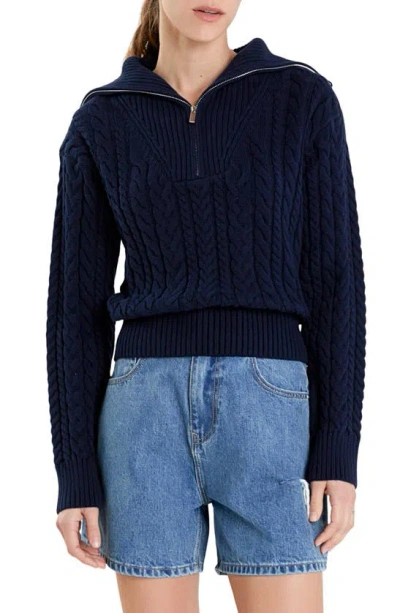 English Factory Quarter Zip Cable Knit Cotton Sweater In Navy