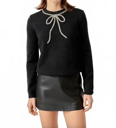 ENGLISH FACTORY RHINESTONE BOW KNIT SWEATER IN BLACK