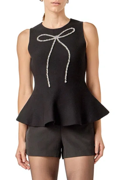 English Factory Rhinestone Bow Sleeveless Peplum Top In Black