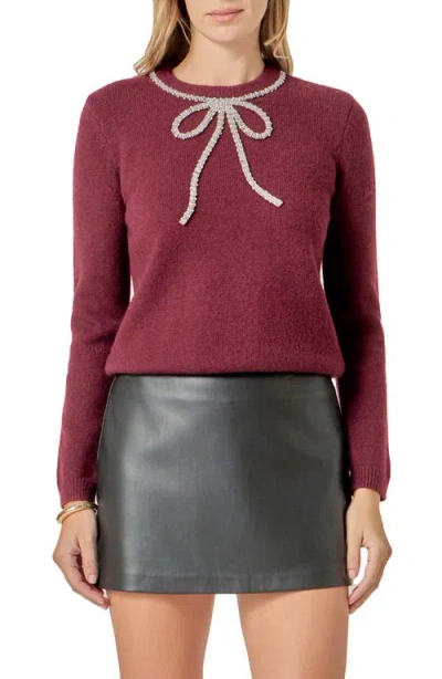 English Factory Rhinestone Bow Sweater In Burgundy