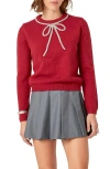 English Factory Rhinestone Bow Sweater In Red
