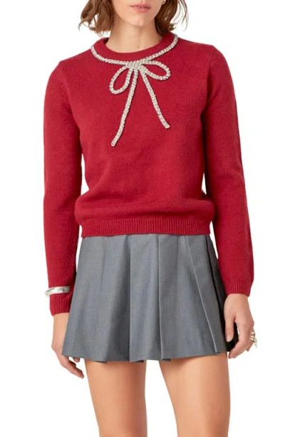 English Factory Rhinestone Bow Sweater In Red