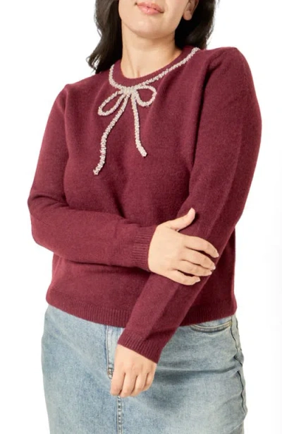 English Factory Rhinestone Bow Sweater In Wine