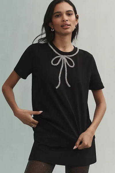 English Factory Rhinestone Bow Tee In Black