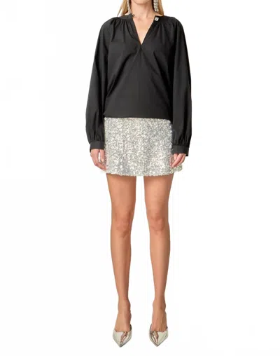 English Factory Rhinestone Button Pointed Shirt Blouse In Black